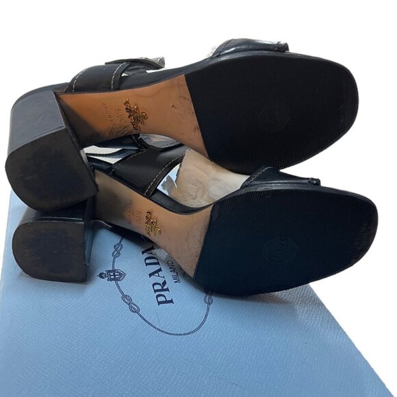 Prada Size 39.5 Leather Turnlock Slingback Sandals Black Block Heel Minimalist - Picture 7 of 15